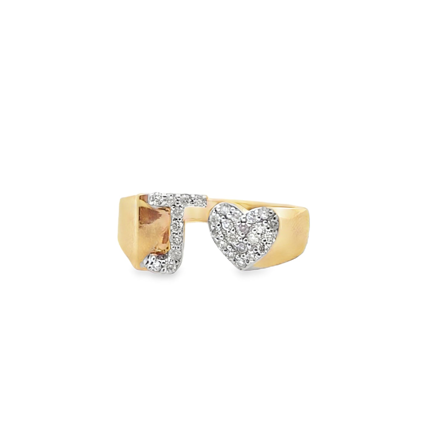 "J" Initial Cuff Ring With Heart 0.30 ctw Diamond 14K Yellow Gold