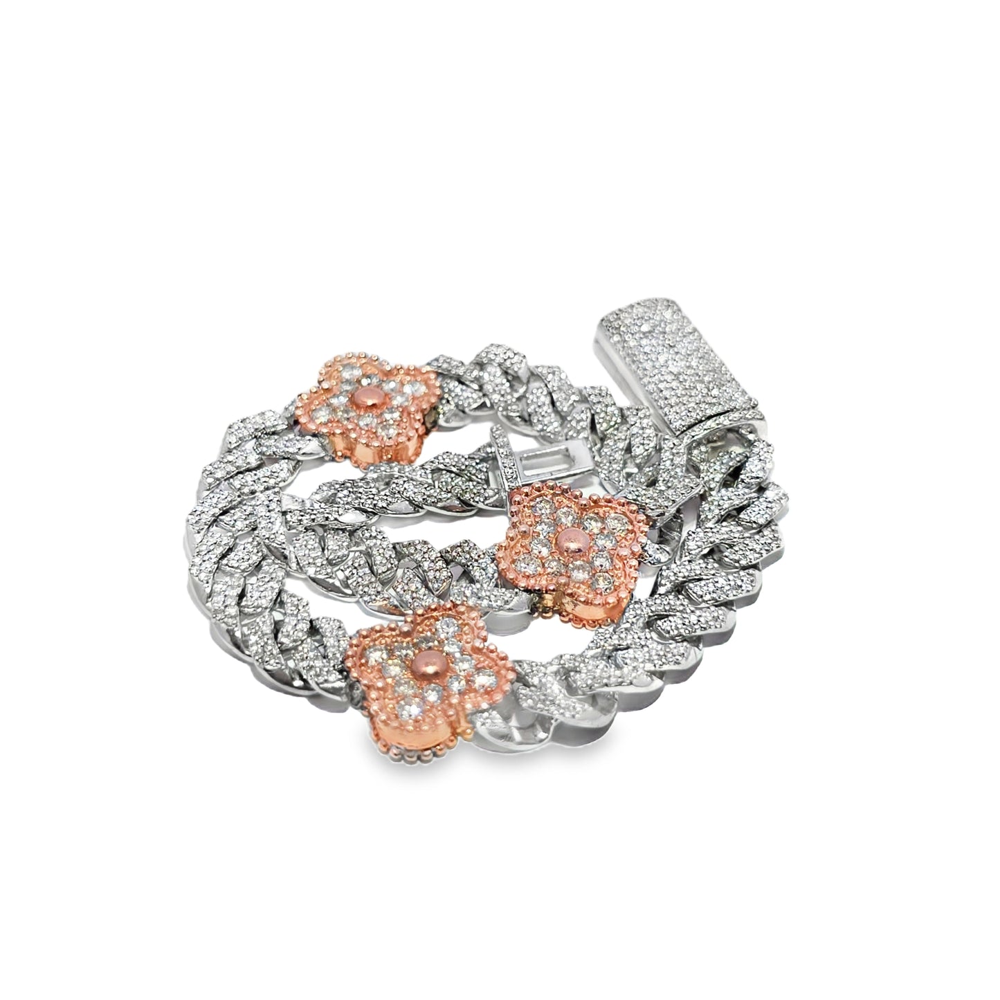 10K White Gold Women's Clover Cuban Link Diamond Bracelet 5.00ctw