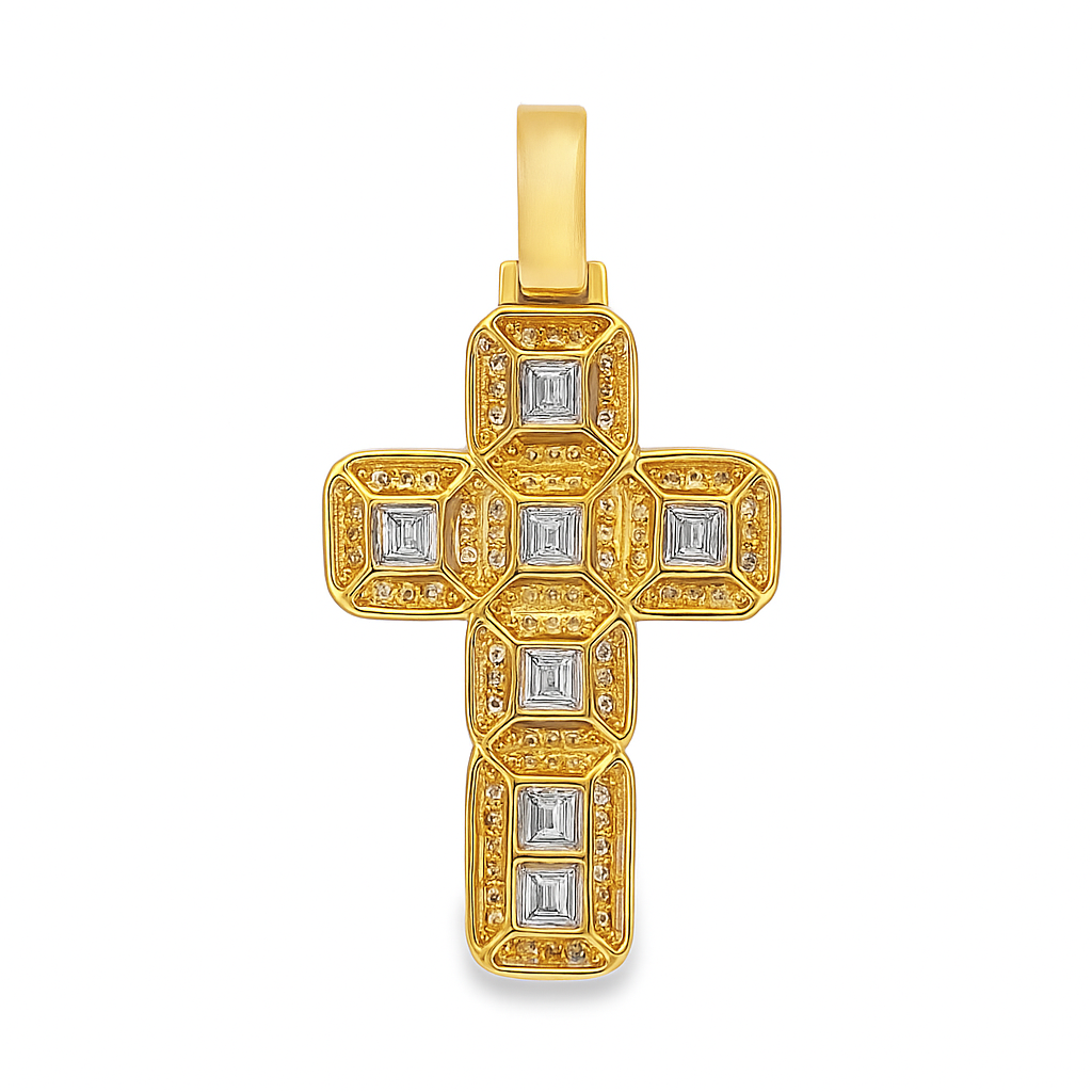 10K Yellow Gold Diamond Cross Pendant with Square Cut Diamonds 4.0 ctw