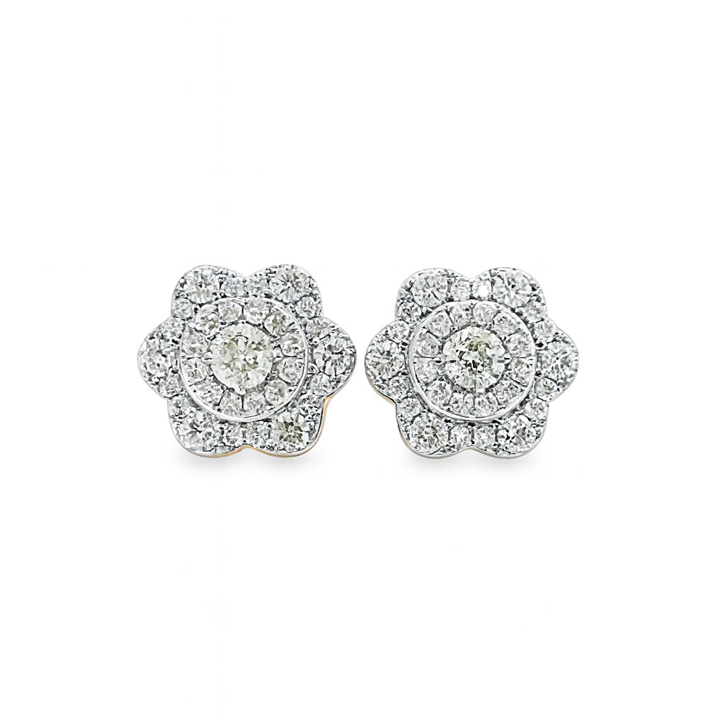 10K Yellow Gold Diamond Flower Halo Earrings 0.60 CTW | Jewelry Palace
