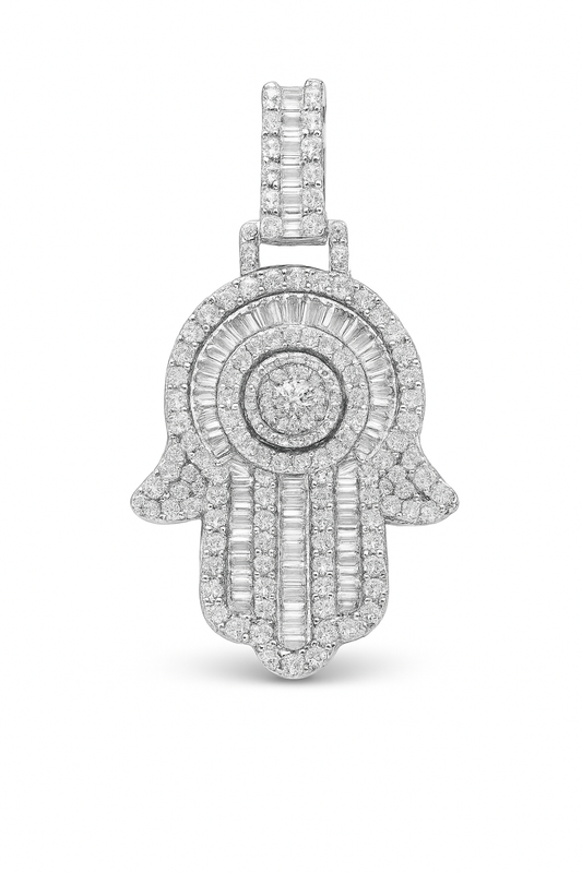 Double Layer Hamsa Hand Pendant 1.20 ctw Diamond 10K White Gold | Spiritual Protection Symbol | Jewelry Palace