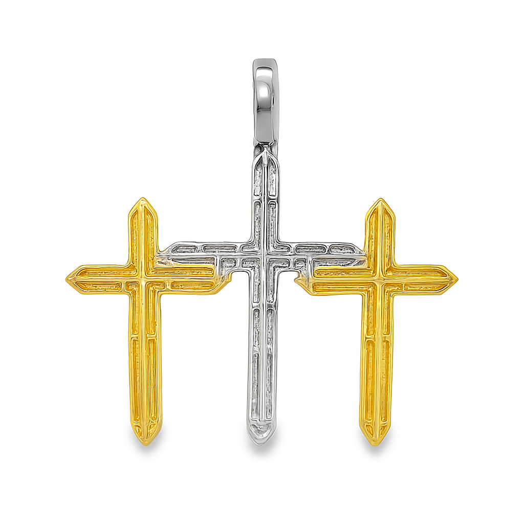 10K Yellow Gold Diamond Triple Cross Pendant 3.0 ctw | Round Cut Pave Set Iced-Out Pendant
