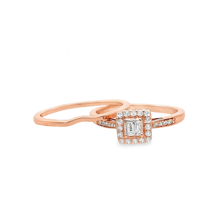 10K Rose Gold Diamond Halo Bridal Engagement Ring Petite Set 0.20 CTW