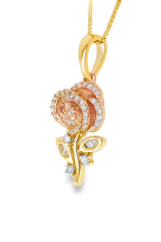 10K Yellow Gold Diamond Rose Flower Charm Necklace Two-Tone Pendant 0.20 CTW