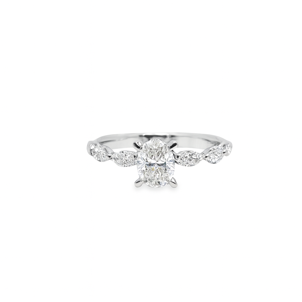 14K White Gold Diamond Engagement Ring with Oval Cut Center 1.625 ctw | Marquise Accent Bridal Ring – Jewelry Palace