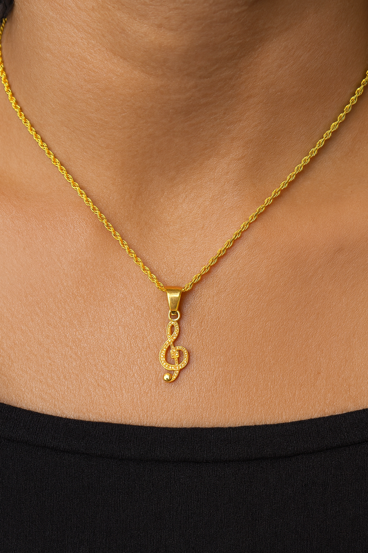 10K Yellow Gold Treble Clef Music Note Pendant w/ 20” Rope Chain Necklace