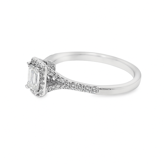 14K White Gold Diamond Engagement Ring with Emerald Cut Center Stone 0.75 ctw Overall