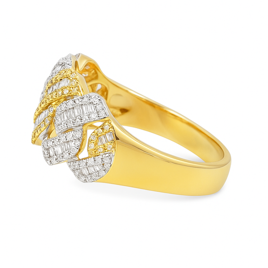 10K Yellow Gold Diamond Cuban Link Ring 0.99 CTW | Baguette & Round Diamond Band | Jewelry Palace