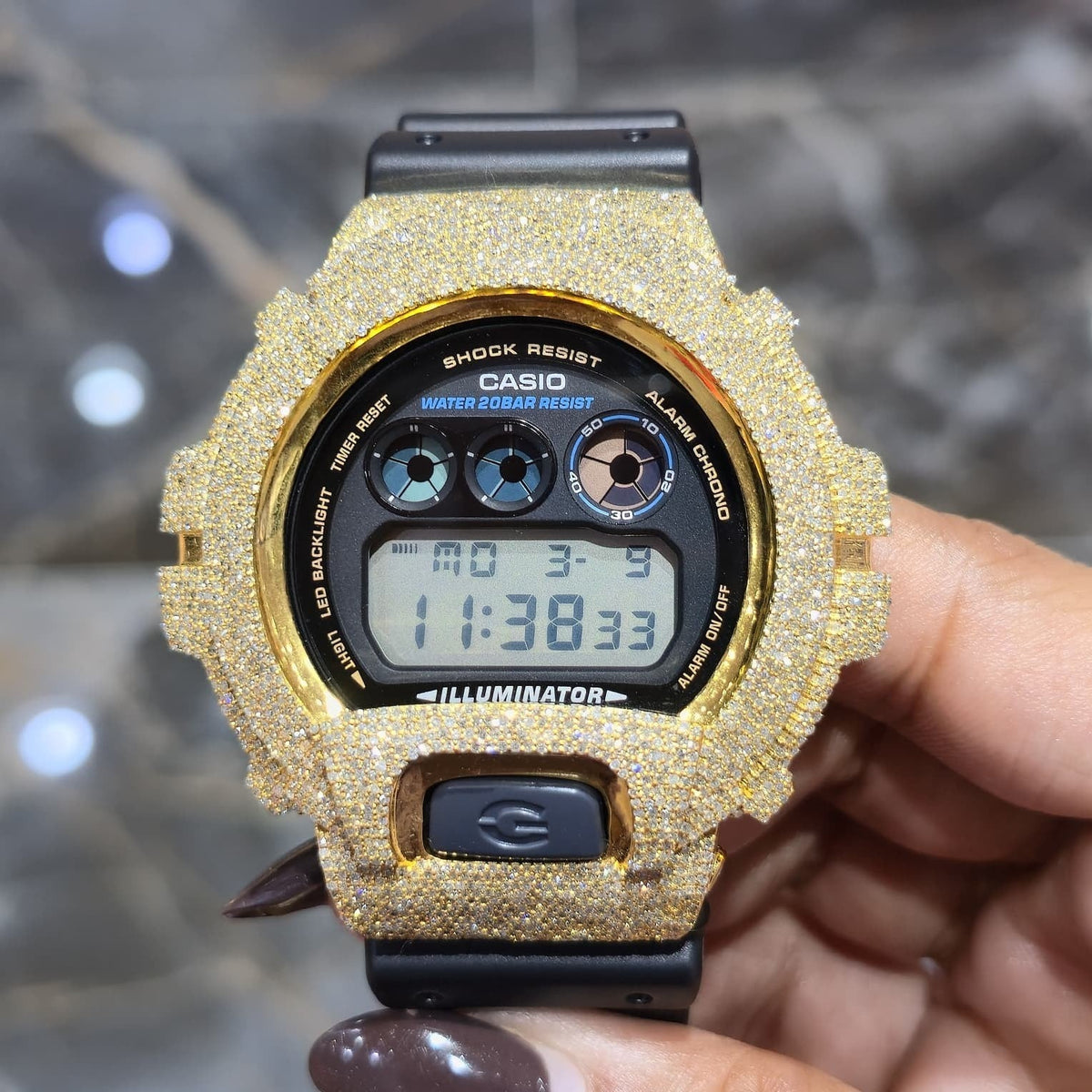 Custom Casio G-Shock 6900 watch with approximately 5 CTW natural diamonds in yellow from Jewelry Palace