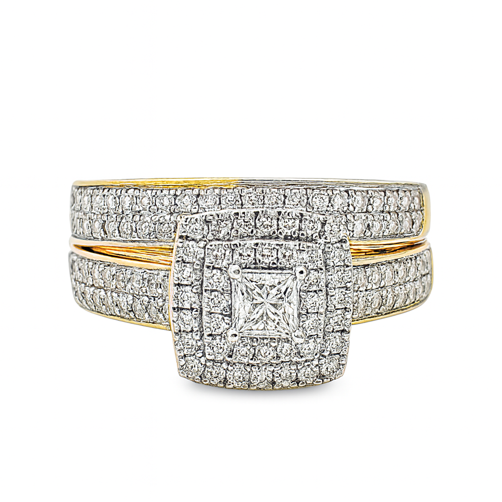 10K yellow gold natural diamond engagement ring and matching wedding band bridal set from Jewelry Palace