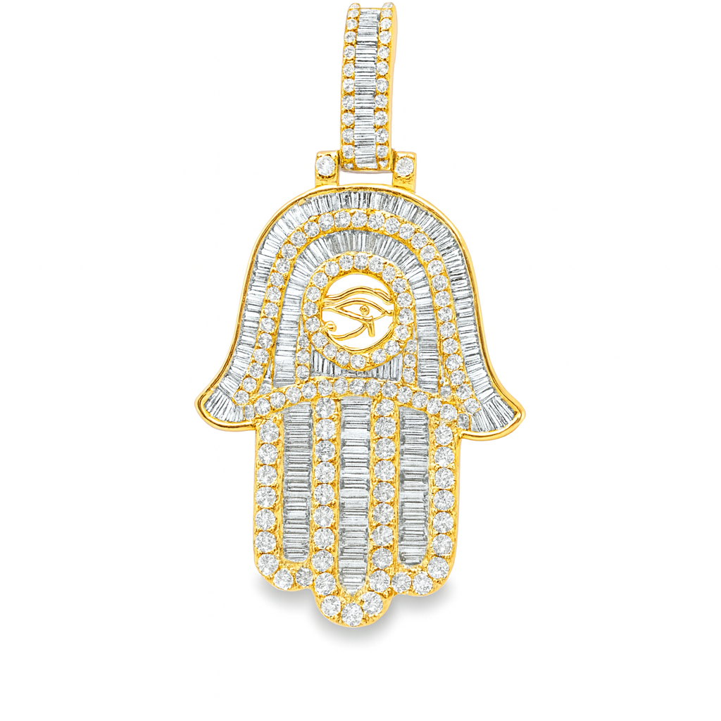 10K Yellow Gold Diamond Hamsa Pendant 2.50 ctw | Baguette & Round Diamond Hand of Protection