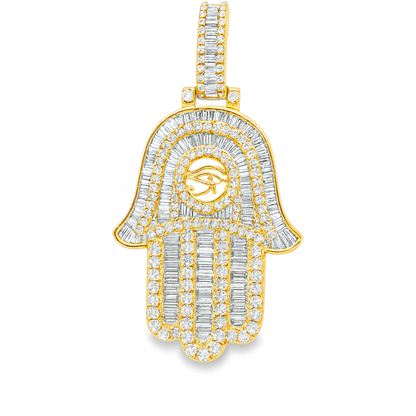 10K Yellow Gold Diamond Hamsa Pendant 2.50 ctw | Baguette & Round Diamond Hand of Protection