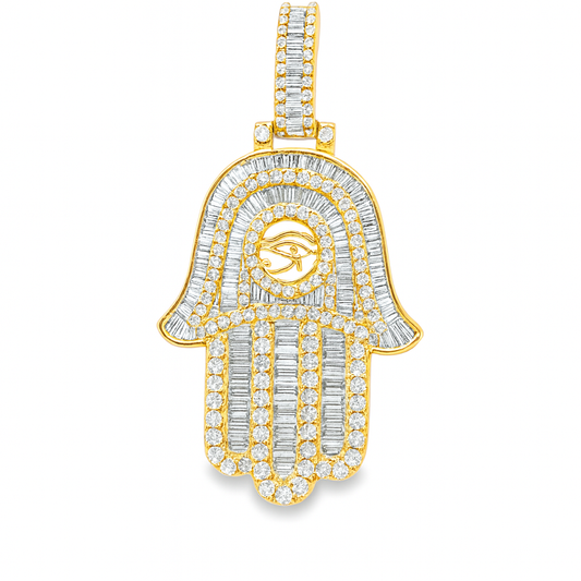 10K Yellow Gold Diamond Hamsa Pendant 2.50 ctw | Baguette & Round Diamond Hand of Protection