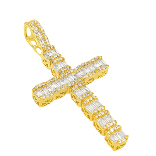 10K Yellow Gold Diamond Cross Pendant with Baguette Cut Diamonds 2.53 ctw
