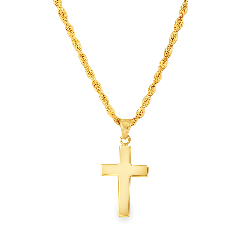 10K yellow gold minimal cross necklace close-up