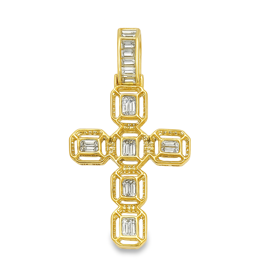 10K Yellow Gold Diamond Cross Pendant with Baguette-Cut Diamonds 2.00 ctw