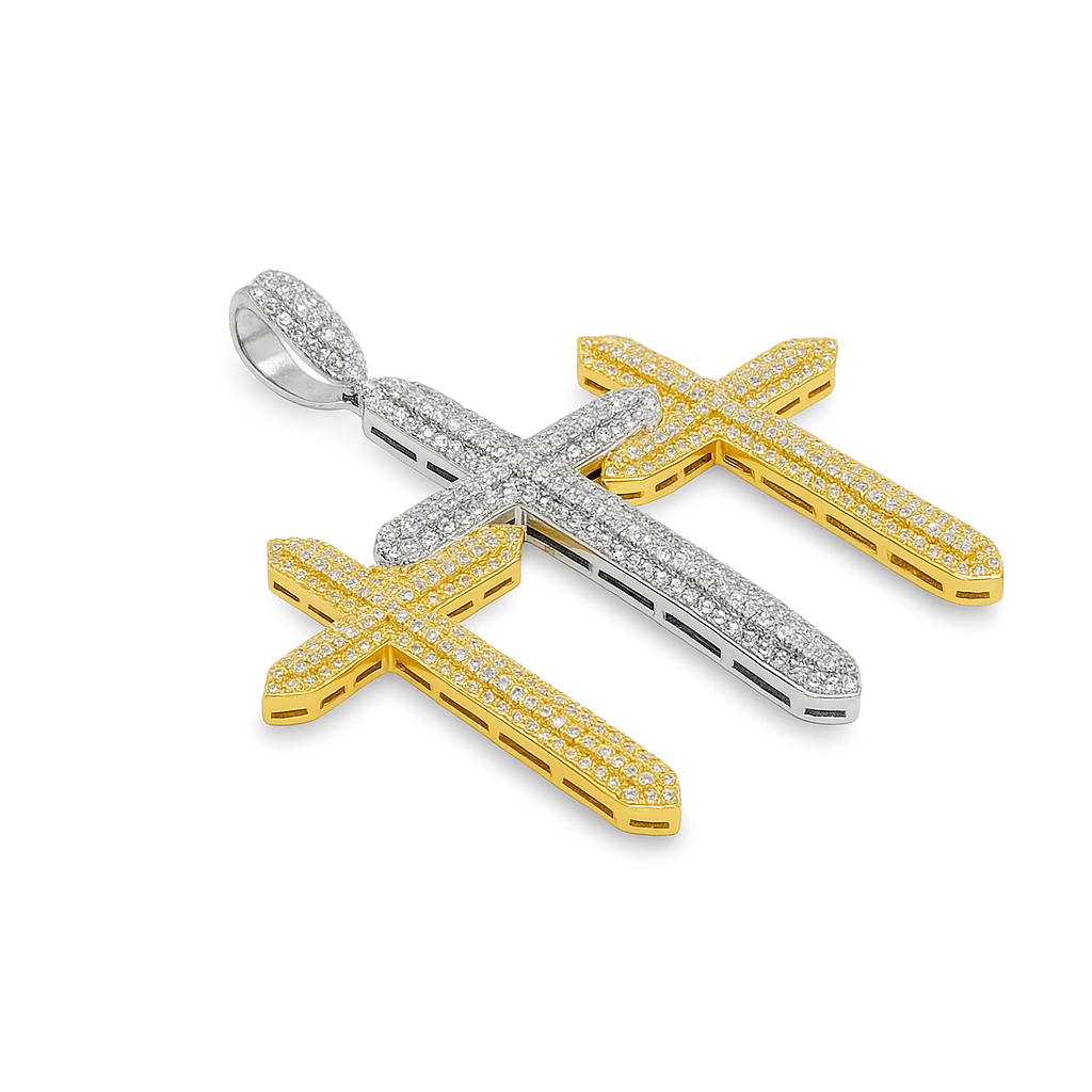 10K Yellow Gold Diamond Triple Cross Pendant 3.0 ctw | Round Cut Pave Set Iced-Out Pendant