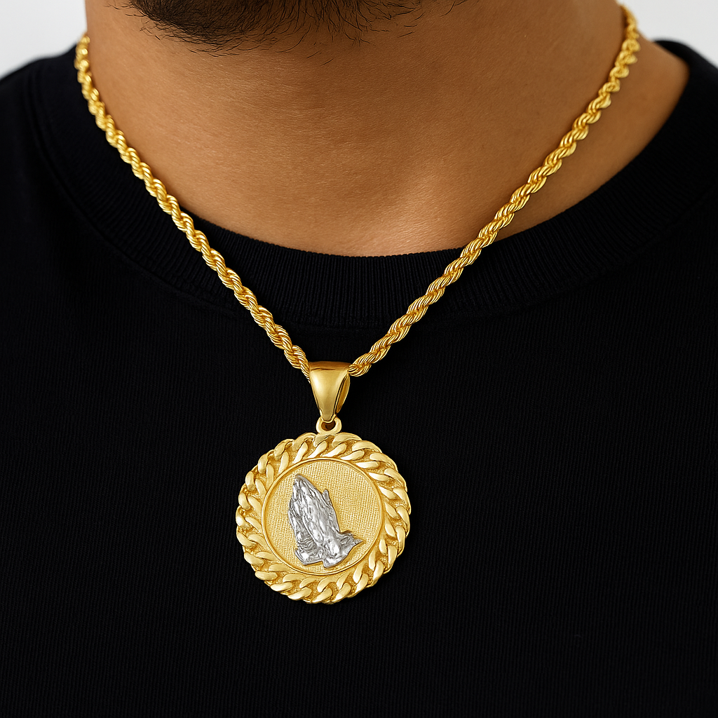 10K Yellow Gold Praying Hands Pendant Necklace Set – Faith & Blessings Design | Jewelry Palace