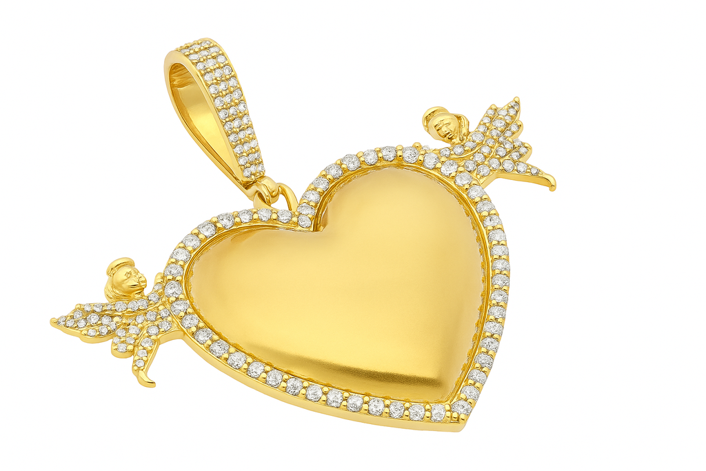 10K Yellow Gold Diamond Heart Double Angle One Row Memory Pendant 1.6 ctw
