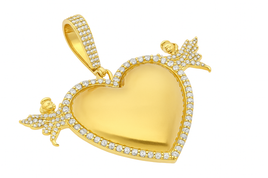 10K Yellow Gold Diamond Heart Double Angle One Row Memory Pendant 1.6 ctw