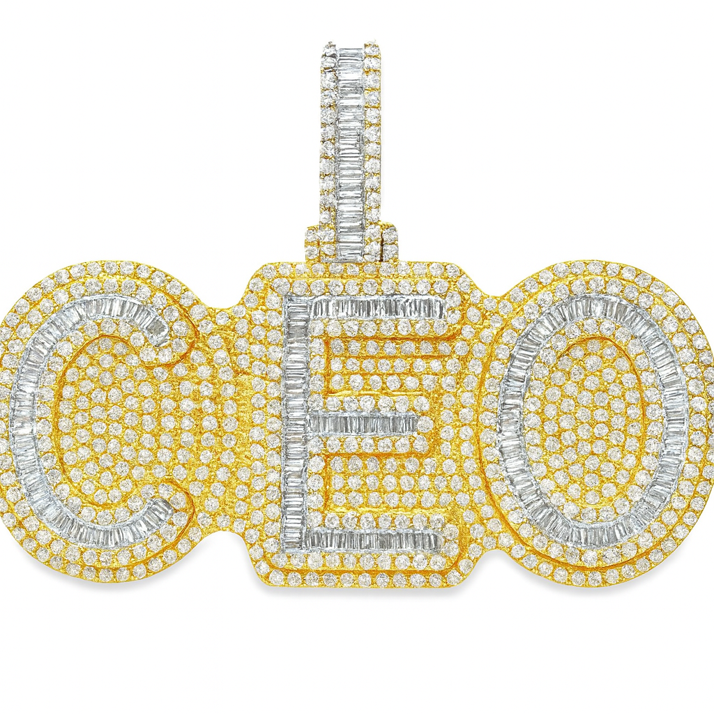 10K Yellow Gold Diamond “CEO” Pendant 7.50 ctw | Baguette & Round Cut Iced-Out Statement Pendant