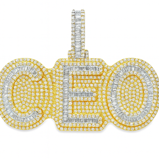 10K Yellow Gold Diamond “CEO” Pendant 7.50 ctw | Baguette & Round Cut Iced-Out Statement Pendant