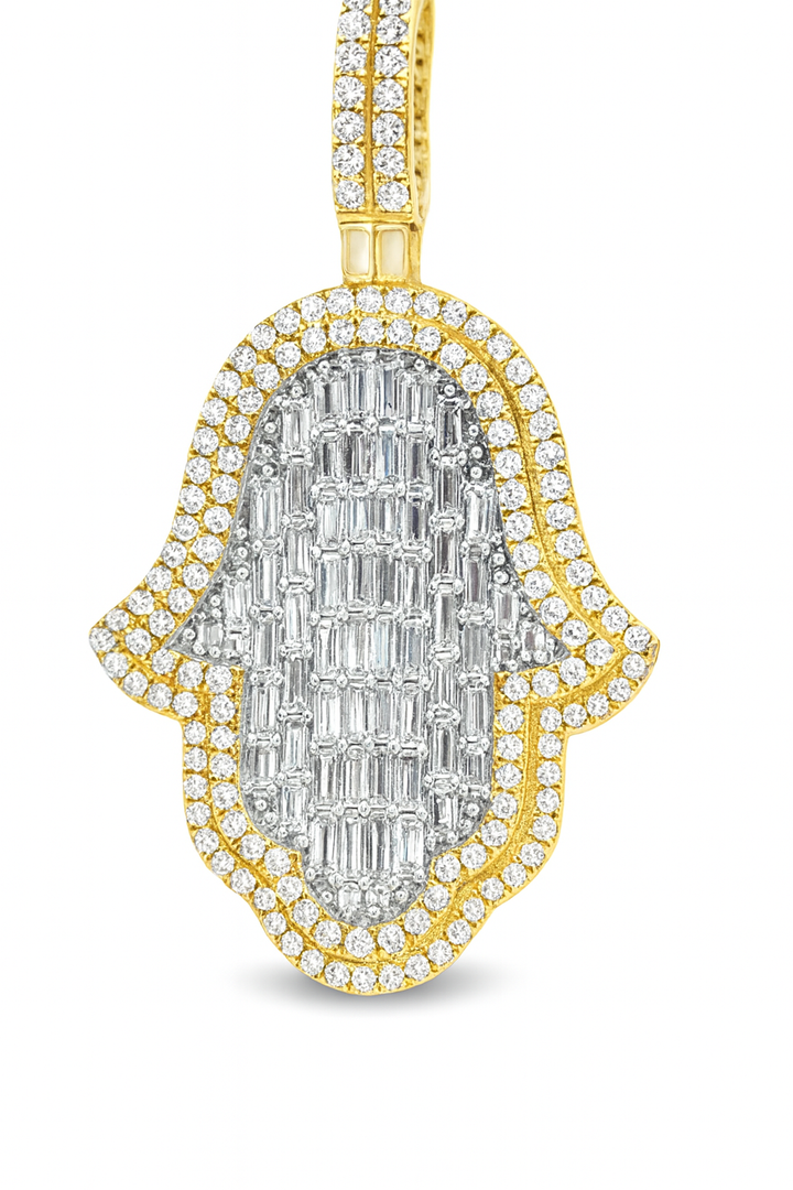 10K Yellow Gold Diamond Hamsa Pendant 3.66 ctw | Baguette & Round Diamond Charm