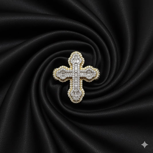 10K Yellow Gold Diamond Cross Ring 0.92 CTW | Baguette & Round Cut Stones