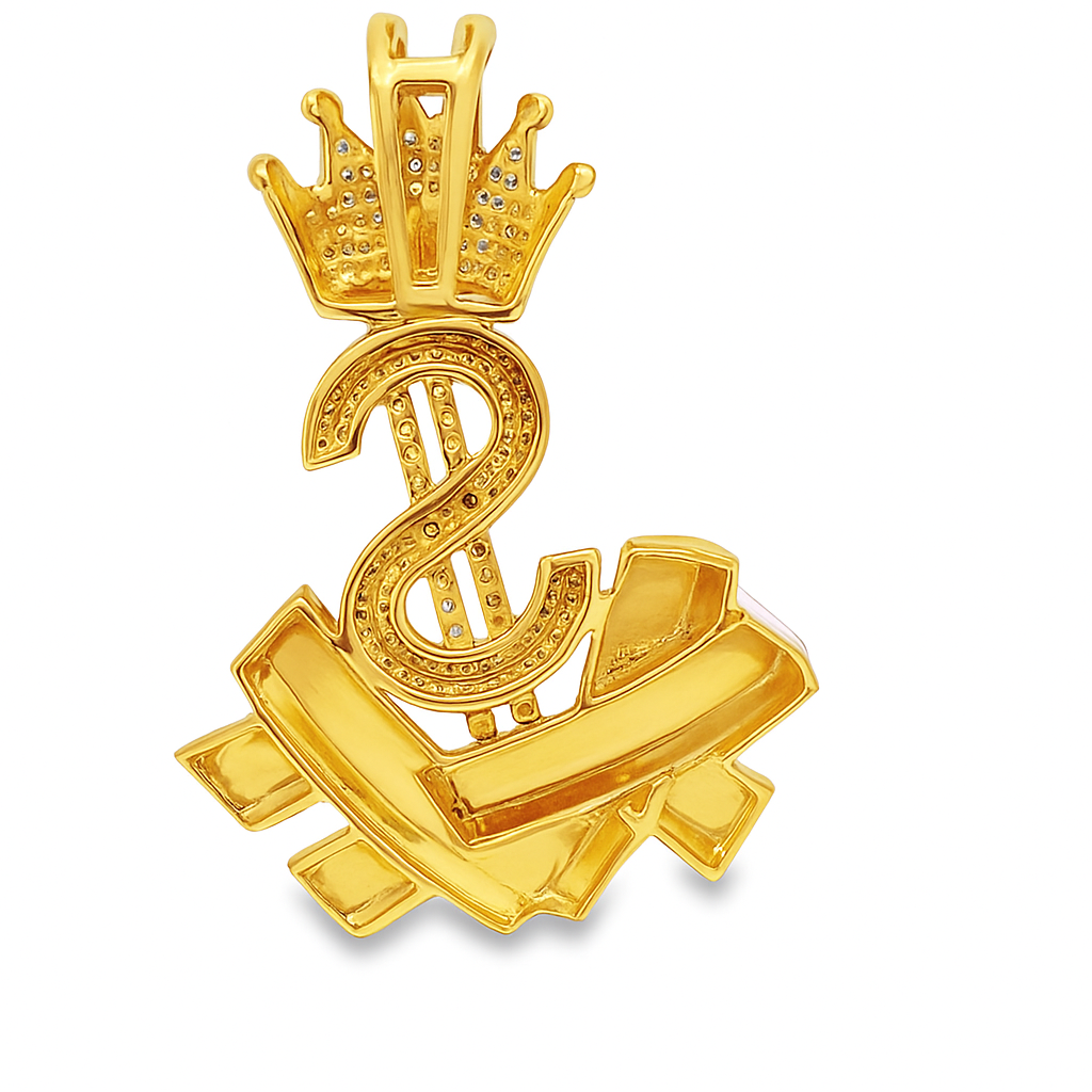 10K Yellow Gold Diamond Dollar Sign Pendant 3/4 ctw – Money Bag & Crown Design | Jewelry Palace
