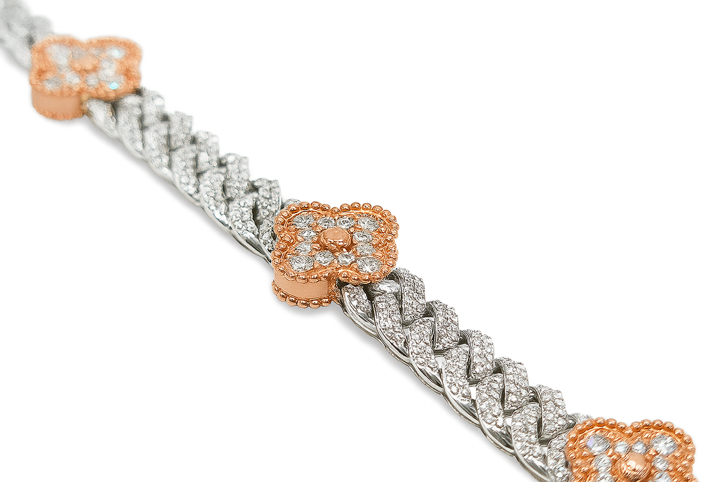 10K White Gold Women’s Clover Cuban Link Diamond Bracelet 5.00 ctw – Two-Tone Luxury Design | Jewelry Palace