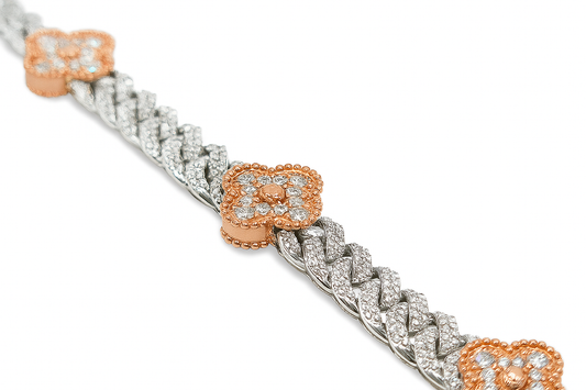 10K White Gold Women’s Clover Cuban Link Diamond Bracelet 5.00 ctw – Two-Tone Luxury Design | Jewelry Palace