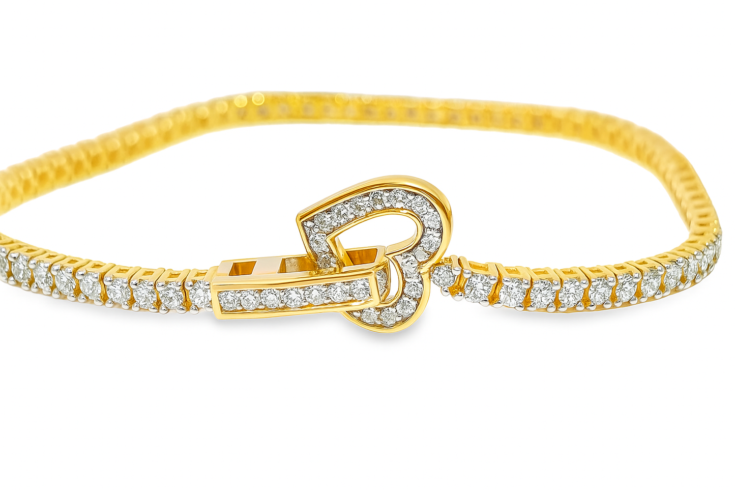 14K Yellow Gold Women’s Diamond Tennis Bracelet 3.00 ctw – Elegant Heart Clasp Design | Jewelry Palace