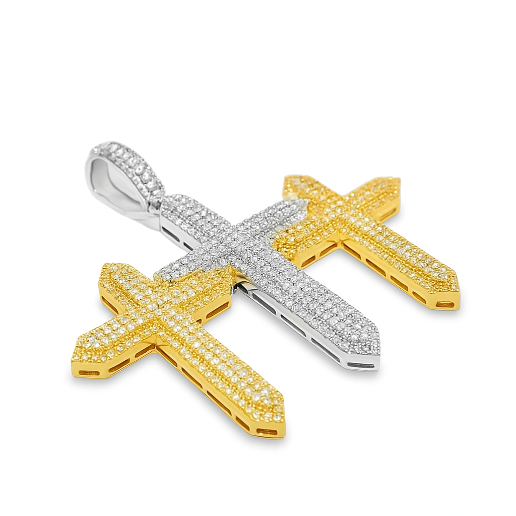 10K Yellow & White Gold Triple Cross Diamond Pendant 2.25 ctw Round Brilliant Cut | Men's Iced Out Faith Necklace
