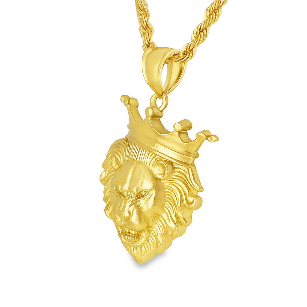 10K Yellow Gold Crowned Lion Head Pendant Necklace Set – King of the Jungle Design | Jewelry Palace