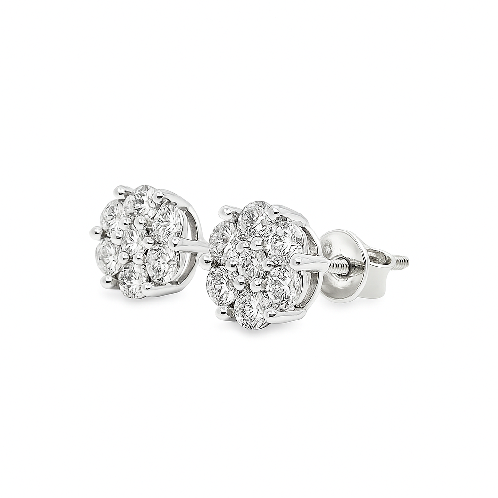 14K White Gold 0.80 ctw Diamond Flower Earrings | Cluster Studs | Jewelry Palace