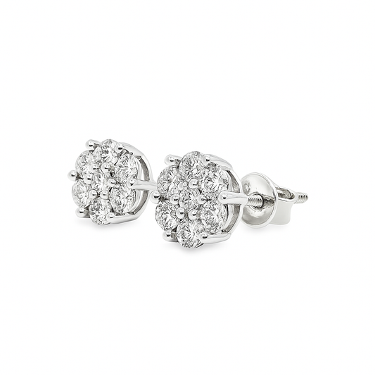 14K White Gold 0.80 ctw Diamond Flower Earrings | Cluster Studs | Jewelry Palace