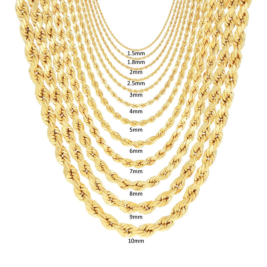 10K Yellow Gold Hollow Rope Chain & Bracelet – Diamond Cut | Multiple Lengths & Thicknesses (1.5 mm–10mm) | Jewelry Palace