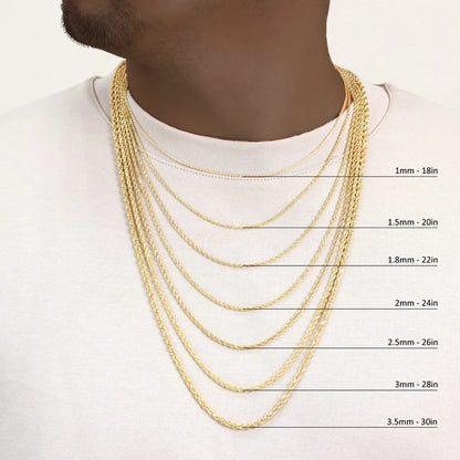 10K Yellow Gold SEMI-Hollow Rope Chain & Bracelet – Diamond Cut | Multiple Lengths & Thicknesses (1.5 mm–10mm) | Jewelry Palace