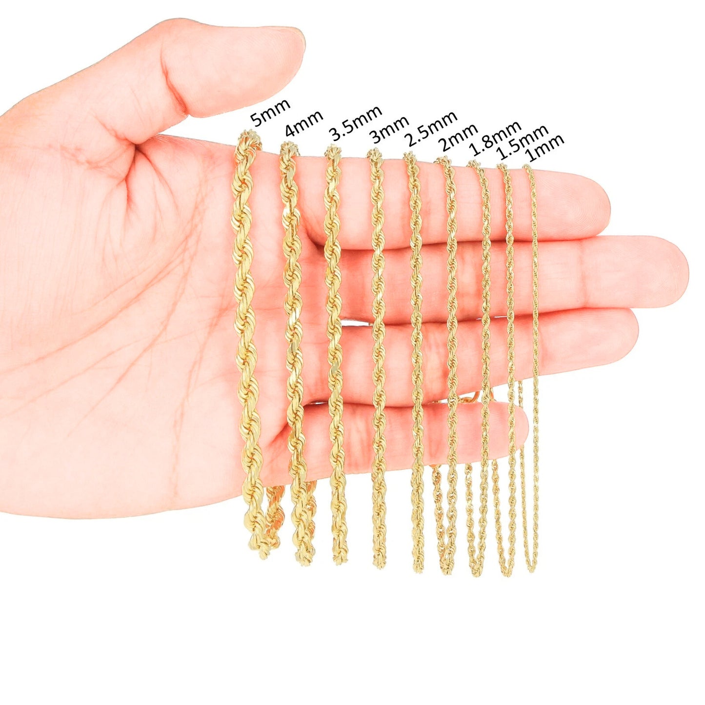 10K Yellow Gold Hollow Rope Chain & Bracelet – Diamond Cut | Multiple Lengths & Thicknesses (1.5 mm–10mm) | Jewelry Palace