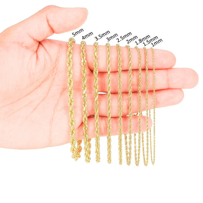 10K Yellow Gold Hollow Rope Chain & Bracelet – Diamond Cut | Multiple Lengths & Thicknesses (1.5 mm–10mm) | Jewelry Palace