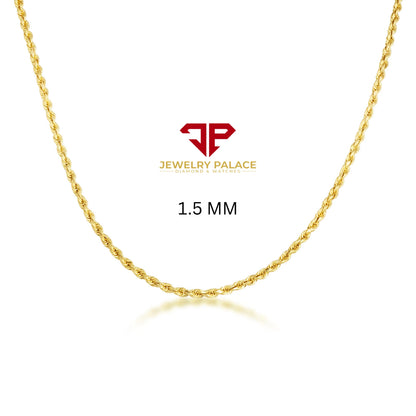 10K Yellow Gold SEMI-Hollow Rope Chain & Bracelet – Diamond Cut | Multiple Lengths & Thicknesses (1.5 mm–10mm) | Jewelry Palace