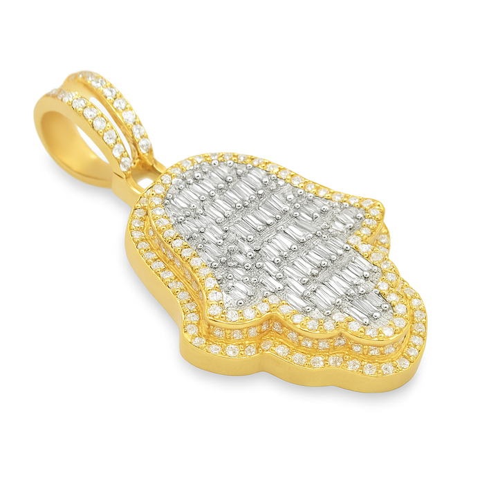 10K Yellow Gold Diamond Hamsa Pendant 3.66 ctw | Baguette & Round Diamond Charm