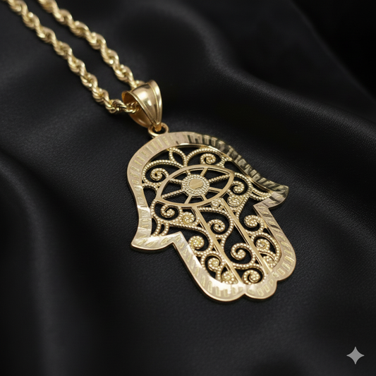 10K Hamsa Hand Gold Pendant with Design and 10K Gold Rope Chain 20"