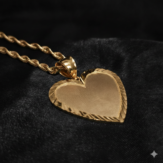 10K Yellow Gold Rope Chain with Heart Picture Pendant | Custom Engravable Frame