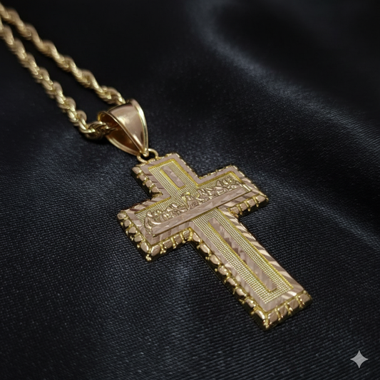 10K Yellow Gold Rope Chain with Last Supper Cross Pendant | Diamond-Cut Religious Necklace