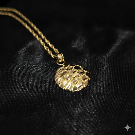 10K Yellow Gold Rope Chain with Small Round Nugget Pendant | Textured Circle Design