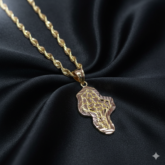 10K Gold Africa Map Pendant With Nugget and 10K Rope Chain 20"