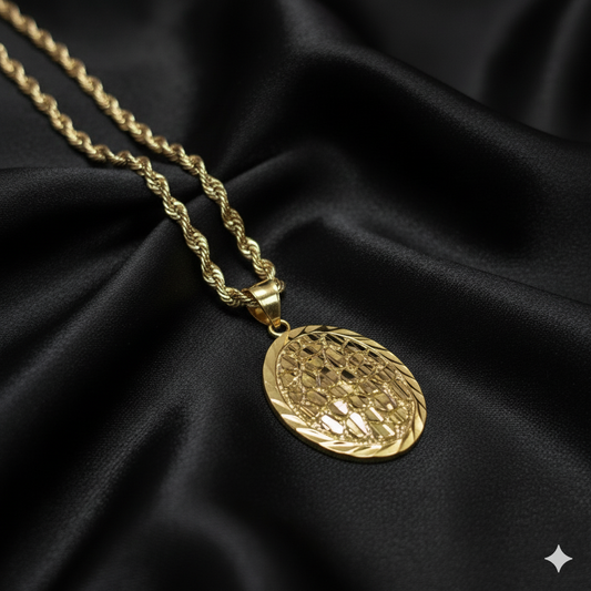 10K Gold Oval Nugget Pendant With 10K Rope Chain 20"