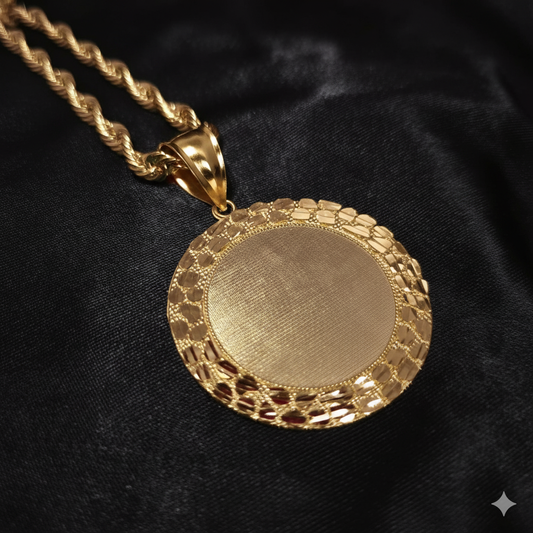 10K Yellow Gold Rope Chain with Round Picture Pendant | Custom Engravable Frame
