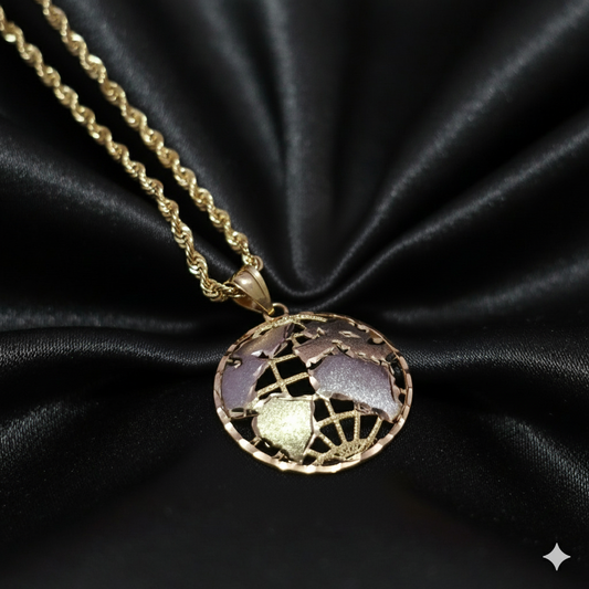 10K Gold Wolrd Pendant Two Tone With 10K Rope Chain 20"